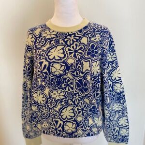 TNA Groovy Blue & Cream Floral Knit Pullover — Perfect Spring Transition Sweater